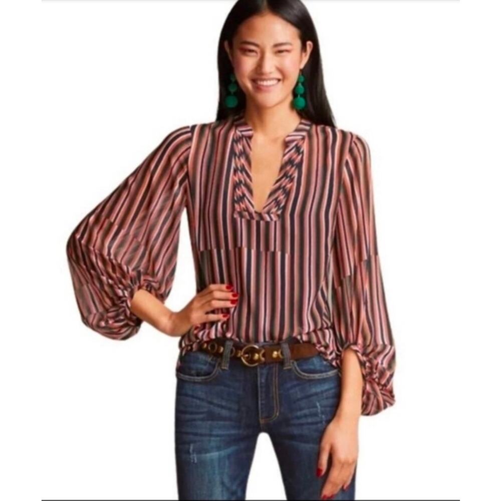 CAbi Ultimate Stripe Boho Multicolor Sheer Balloon Sleeve Chiffon Blouse S